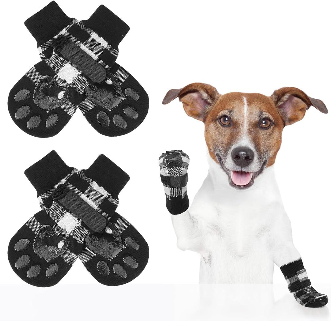 SCENEREAL Anti Slip Dog Socks for Hot/Cold Pavement, Double Sides Dog Boots & Paw Protectors to Prevent Licking Paws, Non Slip Small Medium Large Senior Dogs Socks for Hardwood Floors, Plaid (M(Pack of 4), Plaid(Black & White))