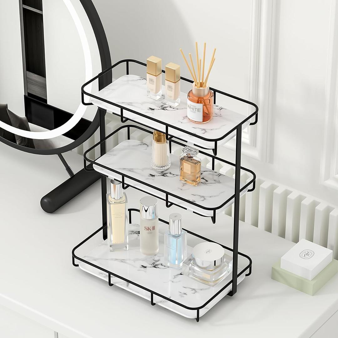 Bathroom Organizer Countertop Perfume Organizer Makeup Organizer Cosmetics Storage Display Rack Vanity Tray Dresser Stainless Steel Gold Shelf White Marble Ceramic Tray (3 Tier Xl-black)