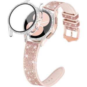 Bling Silicone Band Compatible with Samsung Galaxy Watch 4 & 5 Band-40mm with Screen Protector Case, 20mm Quick Release Women Glitter Cute Watch Band & Bling Protective Cover Case (Rose Gold)