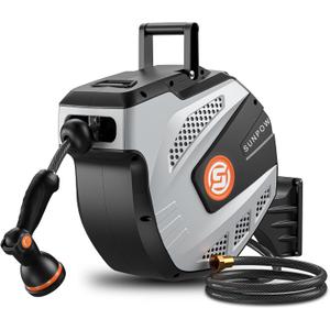 SUNPOW Retractable Garden Hose Reel - 1/2 inch x 85ft Wall Mounted Hose Reel with 3/4 inch Brass Fitting & 10 Function Sprayer Nozzle - Any Length Lock, Auto Rewind System, 180Swivel Bracket- Grey