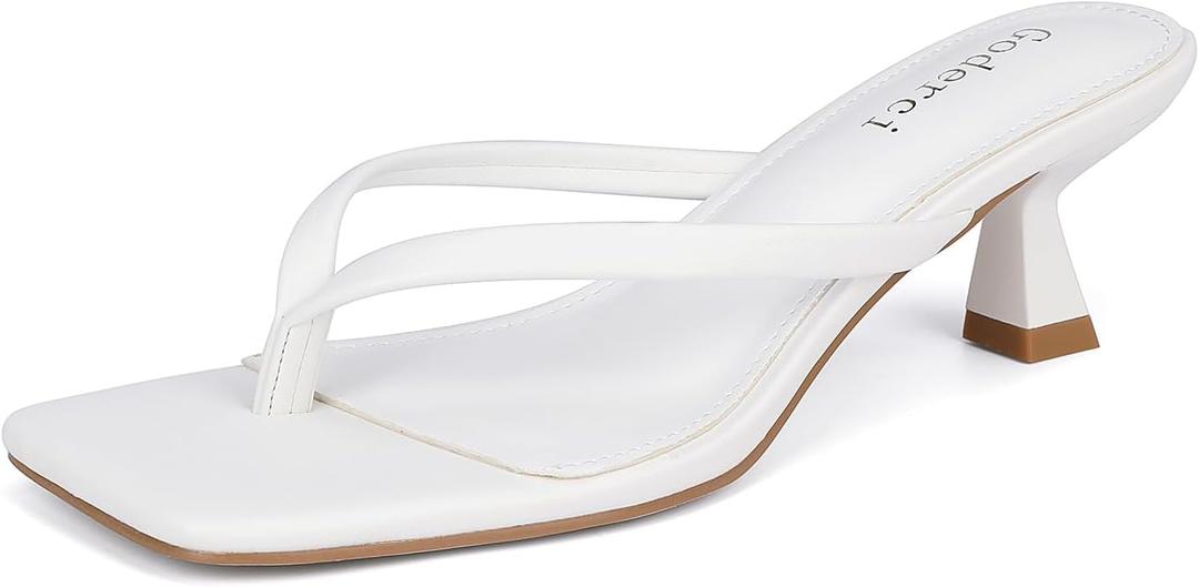 Goderci Kitten Flip Flop Thong Low Heels for Women Square Open Toe Slip On Heeled Sandals (White, 8)