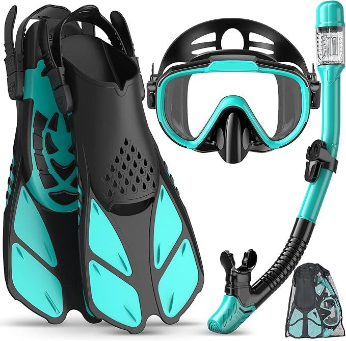 Snorkeling Gear for Adults Men Women,4 in 1 Snorkel Set with Panoramic View Diving Mask Anti-Fog Anti-Leak,Dry Top Snorkel,Fins and Travel Bag for Swimming,Snorkeling and Travel Diving (BLACK)