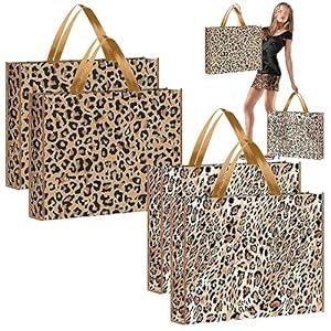 PerKoop 4 Pcs Extra Large Leopard Gift Bags 20 x 16 Inch Jumbo Bag Reusable Non Woven Gift Bags for Jungle Party Favor