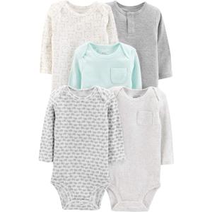 Simple Joys by Carter's unisex-baby 5-pack Long-sleeve Bodysuit (Aqua Blue Stripe/Grey Heather/White Heather/Bear/Elephants, 18 Months)