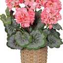 Briful Artificial Geranium Potted Plant – 16” Tall, Realistic Silk Flowers with Vibrant Green Leaves, Pink White Geraniums Fake Flowers for Outdoors Home Décor, Wedding Farmhouse Office Tables Decor