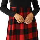 PALINDA Women's Plaid Long Sleeve Empire Waist Pleated Loose Swing Casual Flare Midi Dress with Belt (Medium, Red)