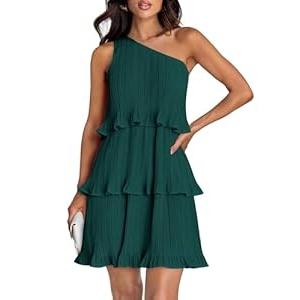 ZESICA Women's 2024 Summer Sleeveless Mini Dress Boho One Shoulder Ruffle Tiered Layered Chiffon Flowy A Line Dresses, DarkGreen, Small