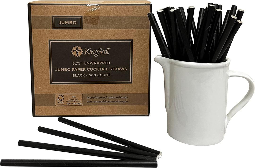 3 x 500 Count | Kingseal FSC Certified Paper Cocktail Straws, Stirrers, Unwrapped, 5.75 Inch Length x 6mm Diameter, BLACK, "Jumbo" Size, Biodegradable, Earth Friendly, Bulk Pack - 1 Box of 500