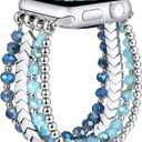 fastgo Bracelet Band Beaded Compatible with Apple Watch 38mm 40mm 41mm 42mm 44mm 45mm 49mm Women, Fashion Elastic Stretch Strap Bands for Iwatch SE & Series 9 Ultra 8 7 6 5 4 3 2 1(Blue/Silver,S/M)