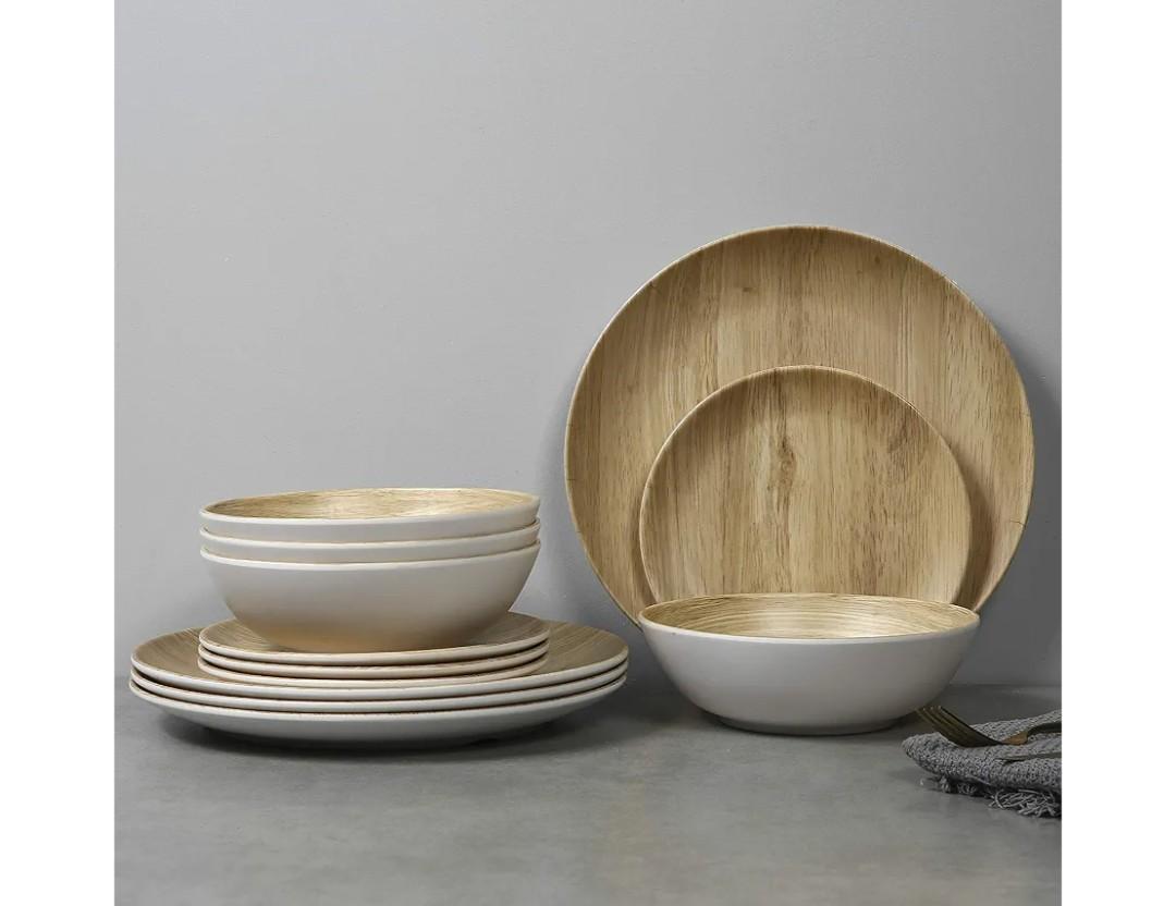 Melamine Dinnerware Set - 12pcs dinnerware set Indoor and Outdoor use, Bamboo Pattern Dishes Dinnerware Set for 6 Dishwasher Safe (Wood Grain)