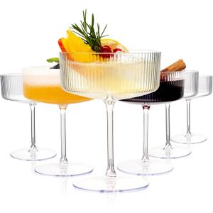 Ciaell 12PCS Plastic Ribbed Martini Glasses - 10 Oz Disposable Coupe Glasses with Stem - Heavy Duty Margarita Cups for Bars, Cocktails, Whiskey, Parties & Wedding (Clear)