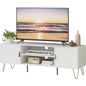 TV Stand for 55-65 Inch TV, Entertainment Center with Soft Hinge Door,TV Console Table with 2 Cabinets with Gold Handle and Feet,for Living Room, Bedroom, White