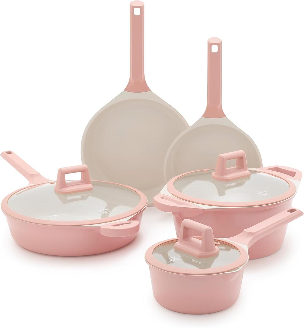 GreenLife Arte 8 Piece Ceramic Nonstick Cookware Pots and Pans Set, Induction Suitable, PFOA & PFAS Free, Stay-Cool Handles, Glass Lids, Stock Saucepans & Frying Pans, Dishwasher Safe, Light Pink (8 Piece Cookware Set)