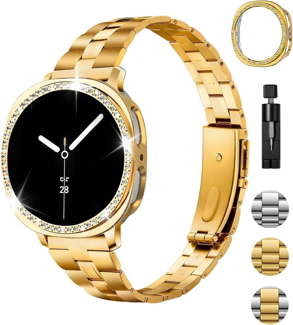 Metal Band and Bling Case Compatible with Samsung Galaxy Watch 8 Bands 40mm, Elegant Tapered Stainless Steel Chain Link Bracelet Strap with Sparkling PC Protective Cover for Samsung Watch 8 40mm Women (Gold)