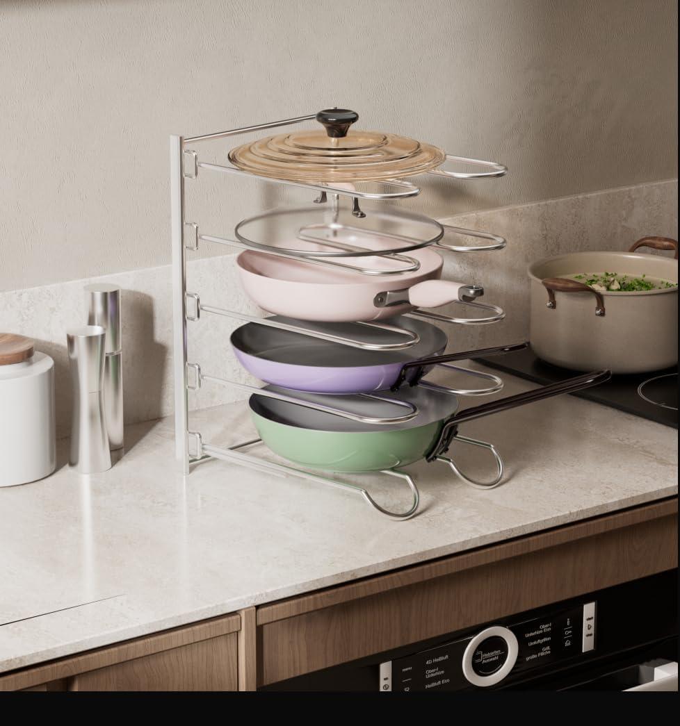 JAQ Pots and Pans Organizer, 13.18 inch Heavy Duty Pot Lids Rack Holder Adjustable Height for Muffin Tins, Baking Sheets, Skillets,Cookware,Bakeware in Cabinets Shelf Countertop Pantry (Sliver)