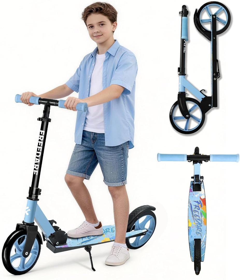 FREEDARE Kick Scooter for Kids & Adults Ages 8+, Foldable Teen Scooter with 2 Big 8-inch Wheels and 4-Level Adjustable Handlebar, Max Load 220 LBS