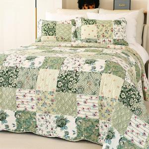 Cmfshape Summer Floral King Quilted Bedspread,Romantic Green Quilt Set King,Reversible Stitched Bedding Set All Season,Soft Lightweight Coverlet with Pillow Cases (Green&White, King102 x90)