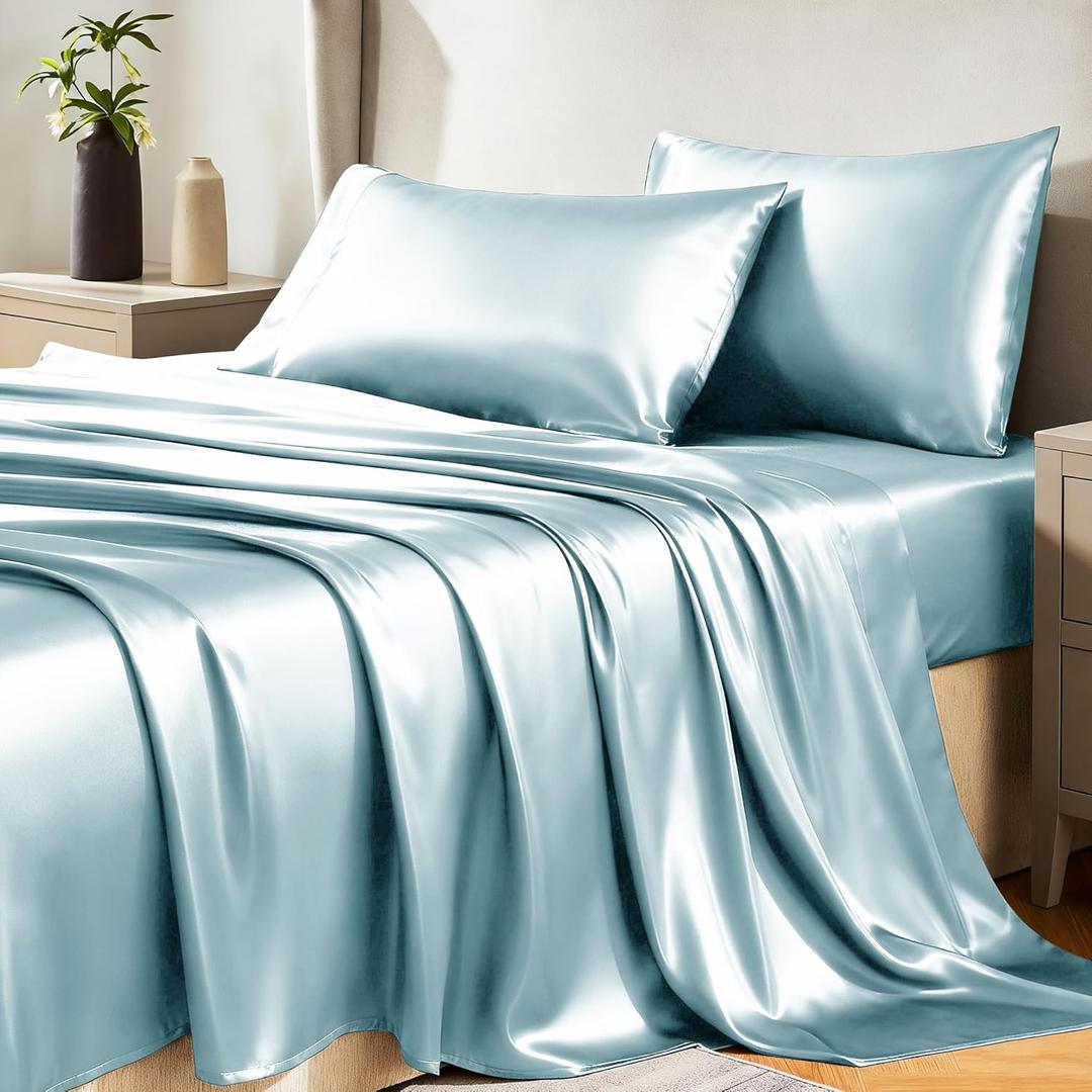 CozyLux Satin Sheets Queen Size Bed Set - 4 Piece Silky Queen Sheet Set, Luxury Light Blue Queen Sheets with Smooth and Soft Microfiber, Includes 1 Fitted Sheet, 1 Flat Sheet and 2 Pillowcases