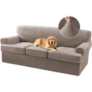 Turquoize T Cushion Sofa Slipcover 4 Piece Sofa Covers for 3 Cushion Couch Thick Velvet Couch Cover Stretch Furniture Covers with 3 Individual T Cushion Covers, Washable (3 Cushion Sofa, Taupe)