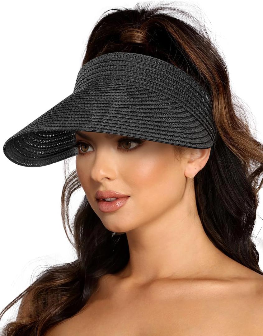 Sun Visor Hats for Women,Beach Sun Hats UPF50+ UV Protection Straw Sun Beach Visor Summer Hats Packable (Black)