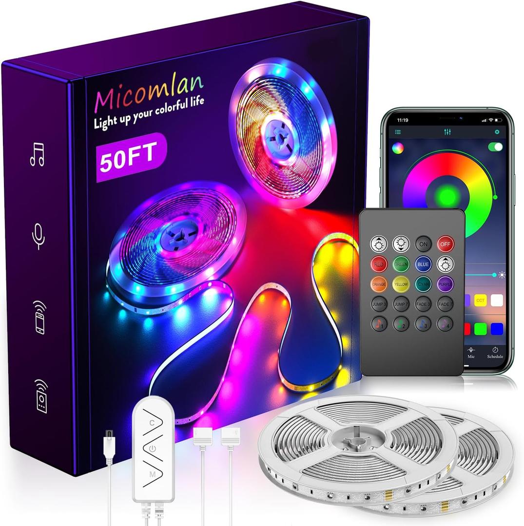 Micomlan 50ft/15M Led Strip Lights, Music Sync Color Changing RGB LED Strip Lights Built-in Mic, Bluetooth app Controlled Rope Lighting for Home Decoration Living Room Kitchen