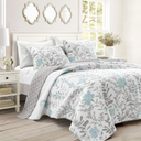 Lush Decor Aprile Reversible Floral Quilt King Size 3 Piece Set King, Blue & Gray - Bedding Set - Floral Quilt - Cottage Bedroom Décor