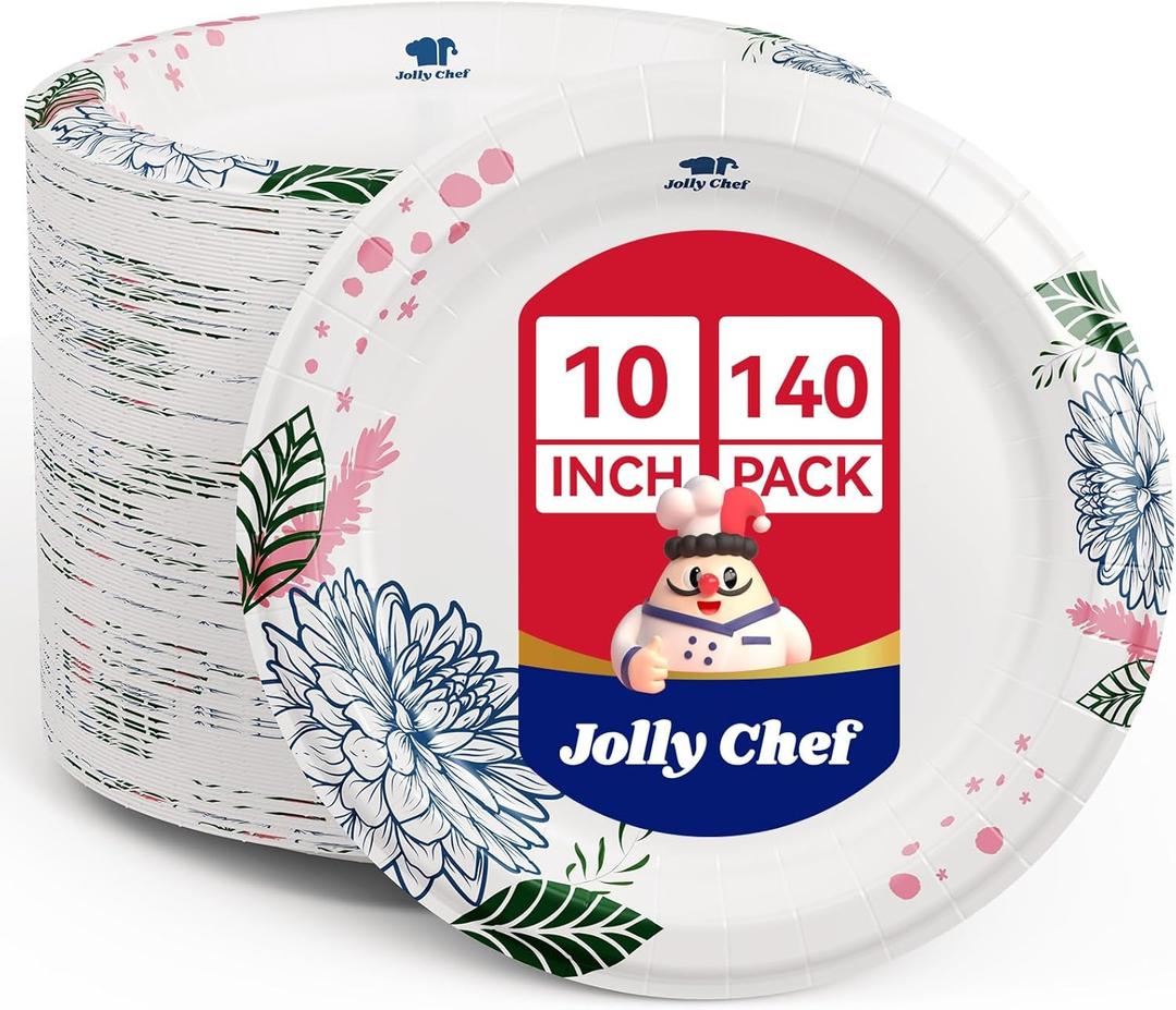 JOLLY CHEF       Soak Proof, Cut Proof, Heavy Duty Flower Printed Disposable Paper Plates for Everyday Use (140 Count (Pack of 1))