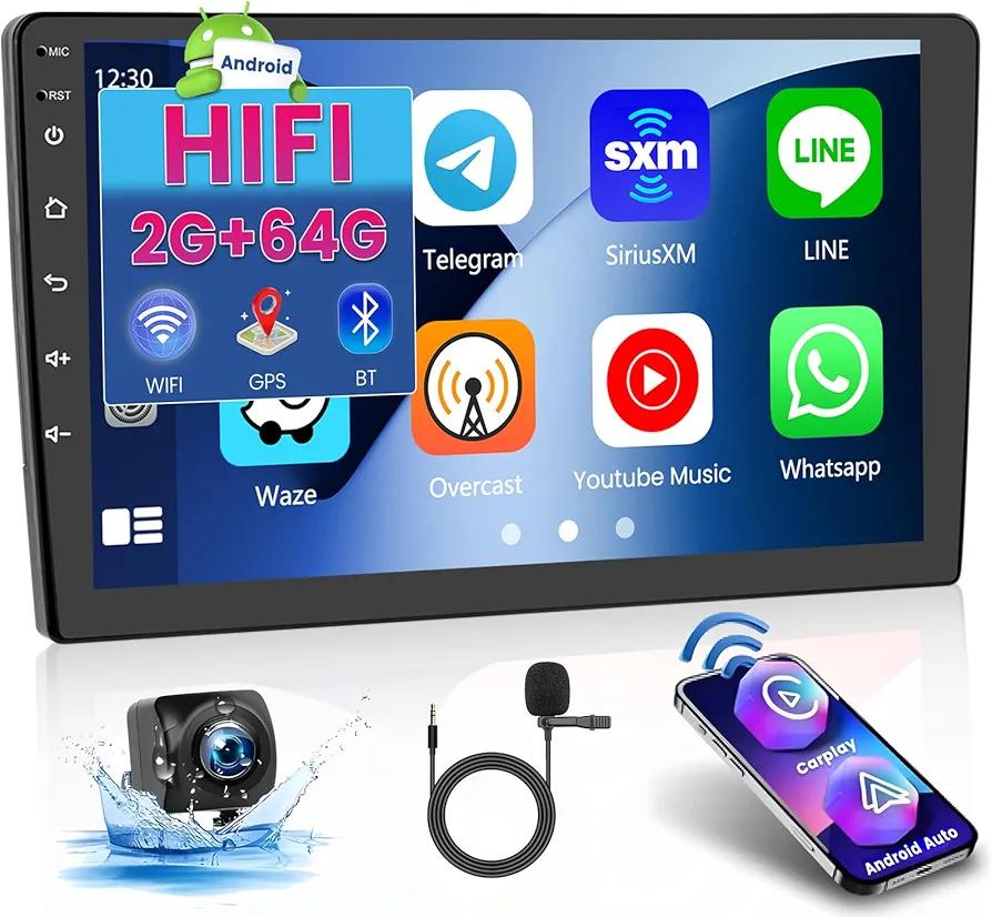 [2+64G] Hikity Android 13 Car Stereo Wireless Carplay Android Auto, Double DIN 9 Inch Touch Screen Car Radio with HiFi, GPS Navigation, WiFi, Bluetooth, FM, Microphone, Backup Camera