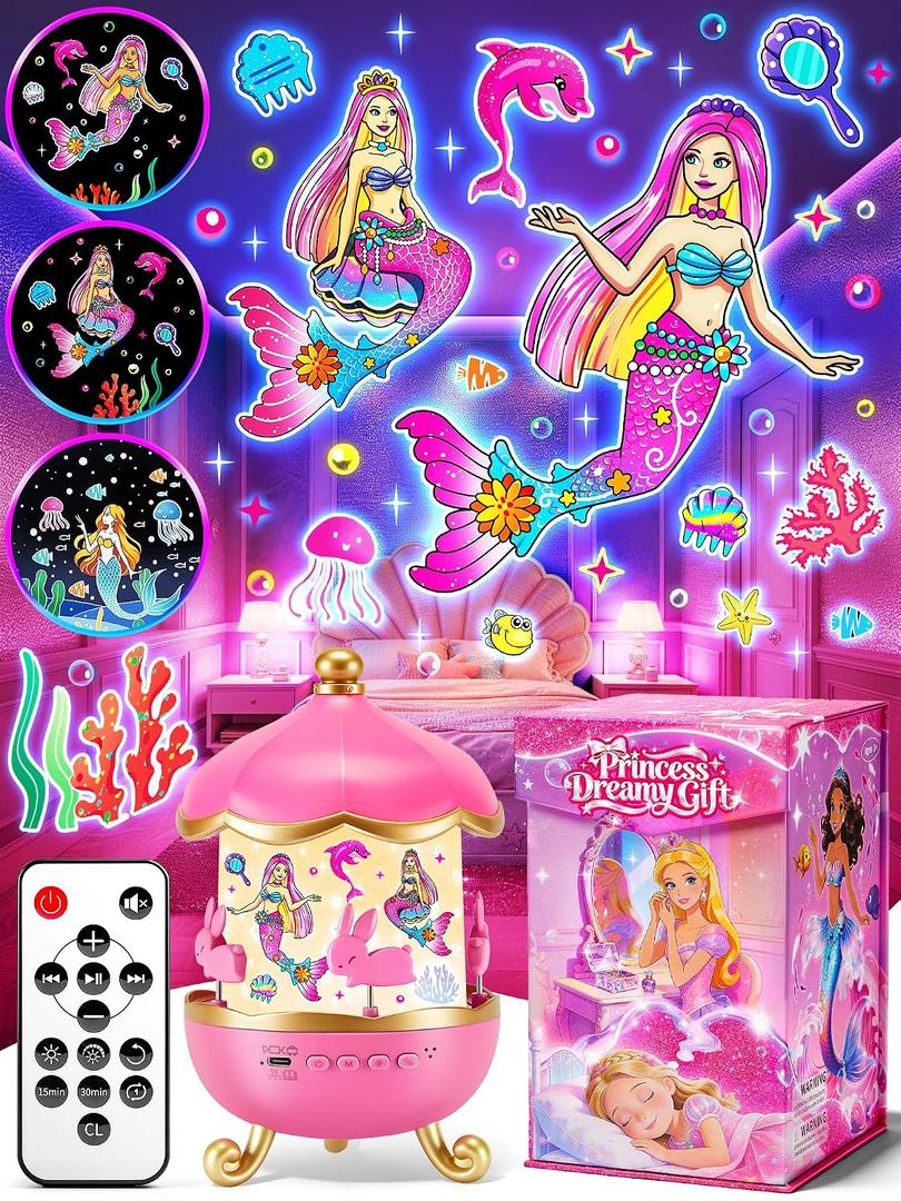 Little Mermaid Toys, 15 Soothing Sounds+18 Films+378 Colors Kids Night Light Projector, 360+Remote+Cordless+Pink Mermaid Birthday Gifts for Girls, Princess Toys Princess Room Decor[Dreamy Packaging]