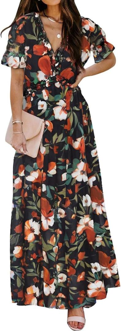 BLENCOT Womens Casual Boho Floral Printed V Neck Short Sleeve Long Evening Dress Ruched Cocktail Party Maxi Wedding Dress (Large, Black)
