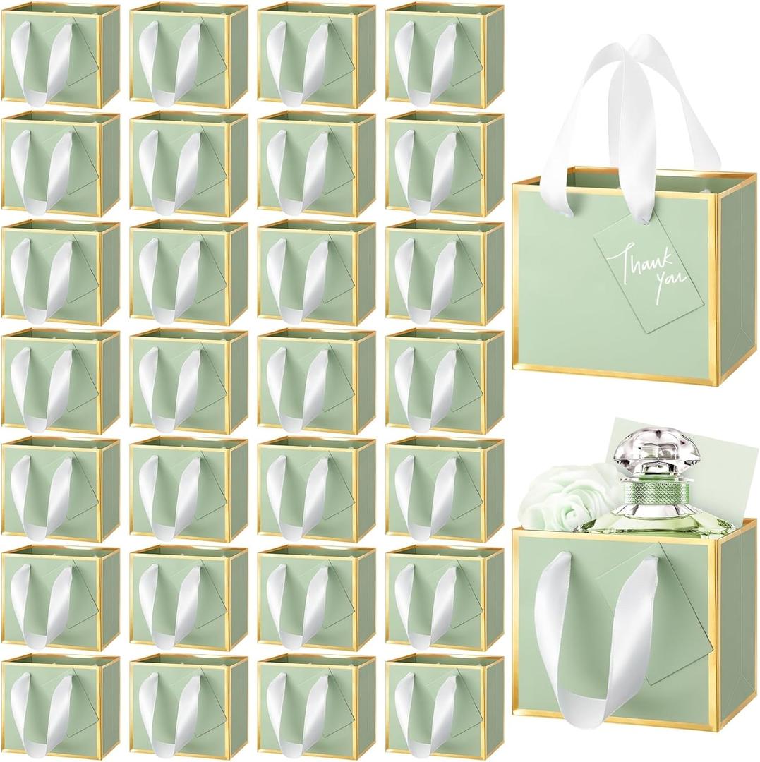 Yeaqee 50 Pcs Mini Metallic Foil Gift Bags with Handles 4x4. 75x2. 25'' Tiny Thank You Favor Bag Bulk with Tag for Father's Day Graduation Wedding Birthday Bridal Shower Party Favor(Sage Green, Gold)