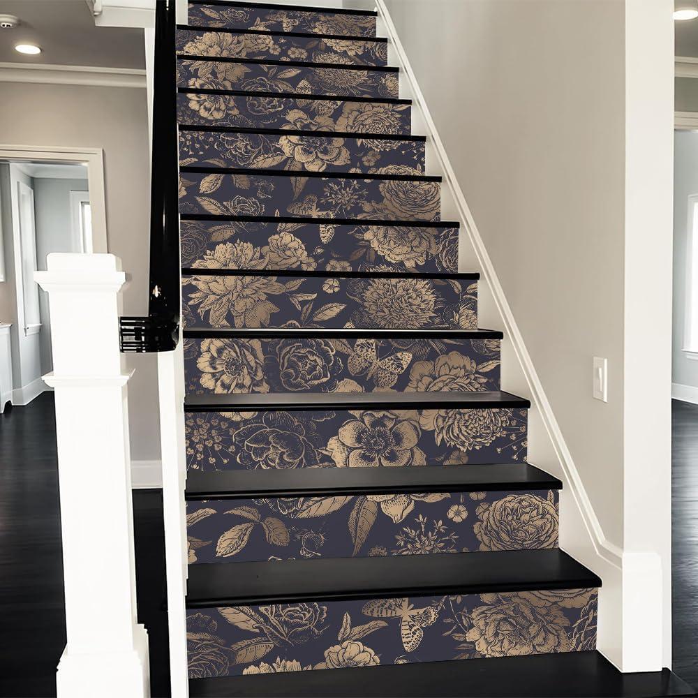 REDAMANCY Vintage Black Bronze Flowers Butterfly Peel and Stick Vinyl Stair Riser Decals Staircase Tile Stickers Decor Modern Marble Decoration Self-Adhesive(14 Pcs) (Stad-038)