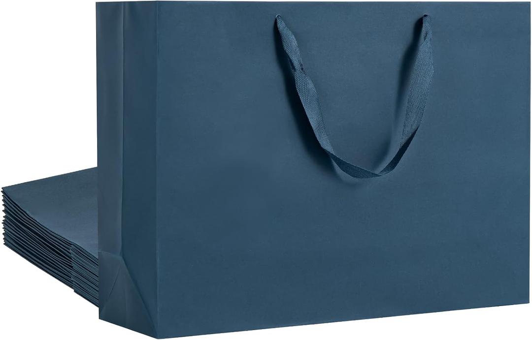 Umoonfine Large Navy Blue Gift Bag with Ribbon Handles 12 Pack, 17x5.5x12.6 inches Extra Large Navy Reusable Heavy Duty Kraft Navy Blue Kraft Paper Bags Bulk for Shopping, Gift, Retail