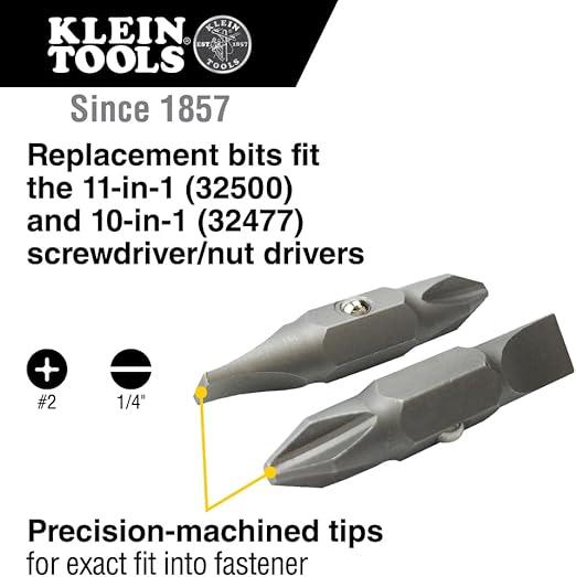 Klein Tools 32483 Bit for 11-in-1 and 10-in-1 Klein Screwdriver Nut Driver, #2 Phillips, 1/4-Inch Slotted