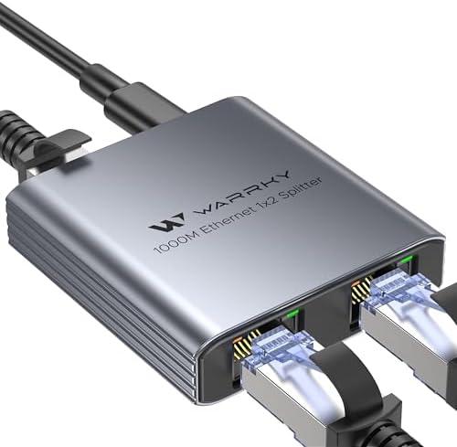 WARRKY Ethernet Splitter 1 to 2, 1000Mbps High Speed LAN Splitter, [0.55inch Ultra Slim, Integrally Molded Aluminum Case] Gigabit Ethernet Switch 2 port with USB-C Power Cable, for Cat5/5e/6/7/8 Cable