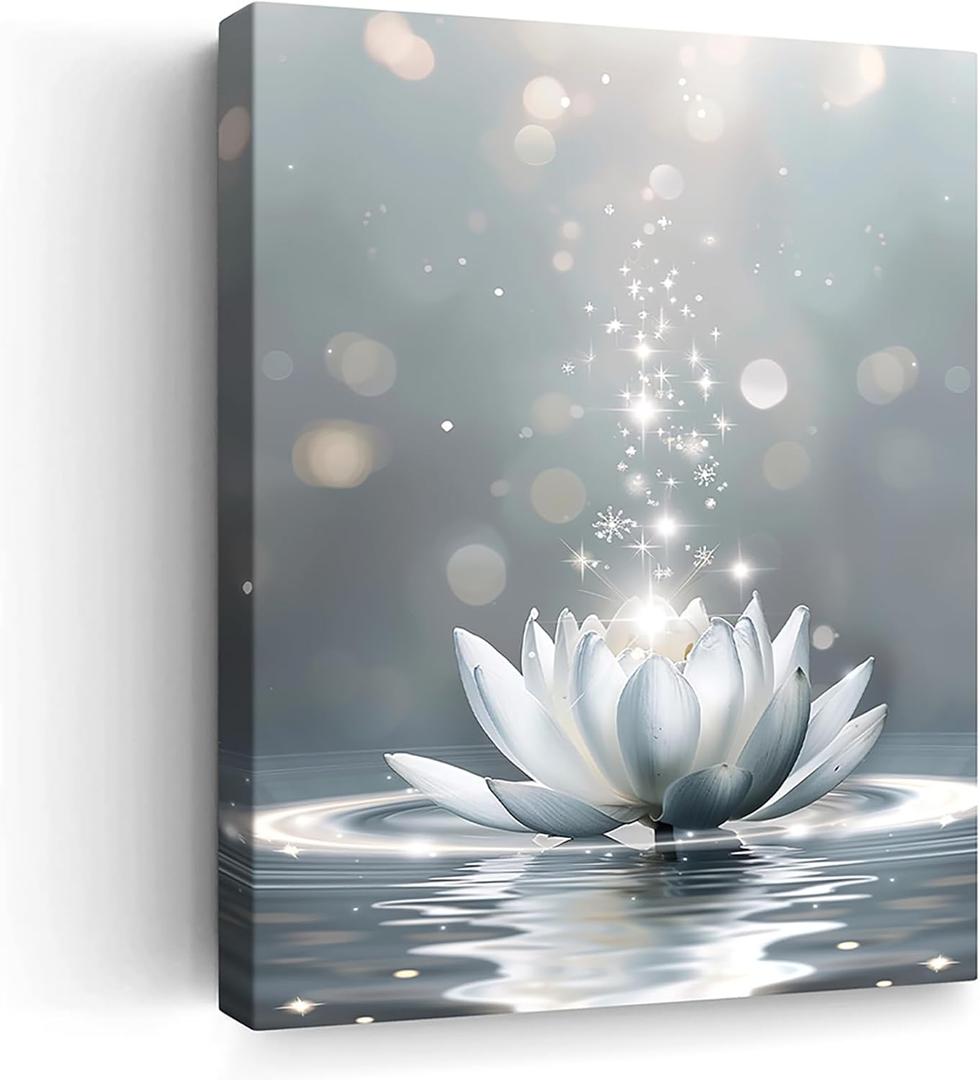 Lotus Flower Bloom in Water Canvas Wall Art Zen Spiritual White Floral Print Painting Pictures Framed Artwork Inspired Wall Art Decor for Zen Meditation Yoga Home Spa Zen Bedroom Bathroom Living Room (16"L x 12"W)