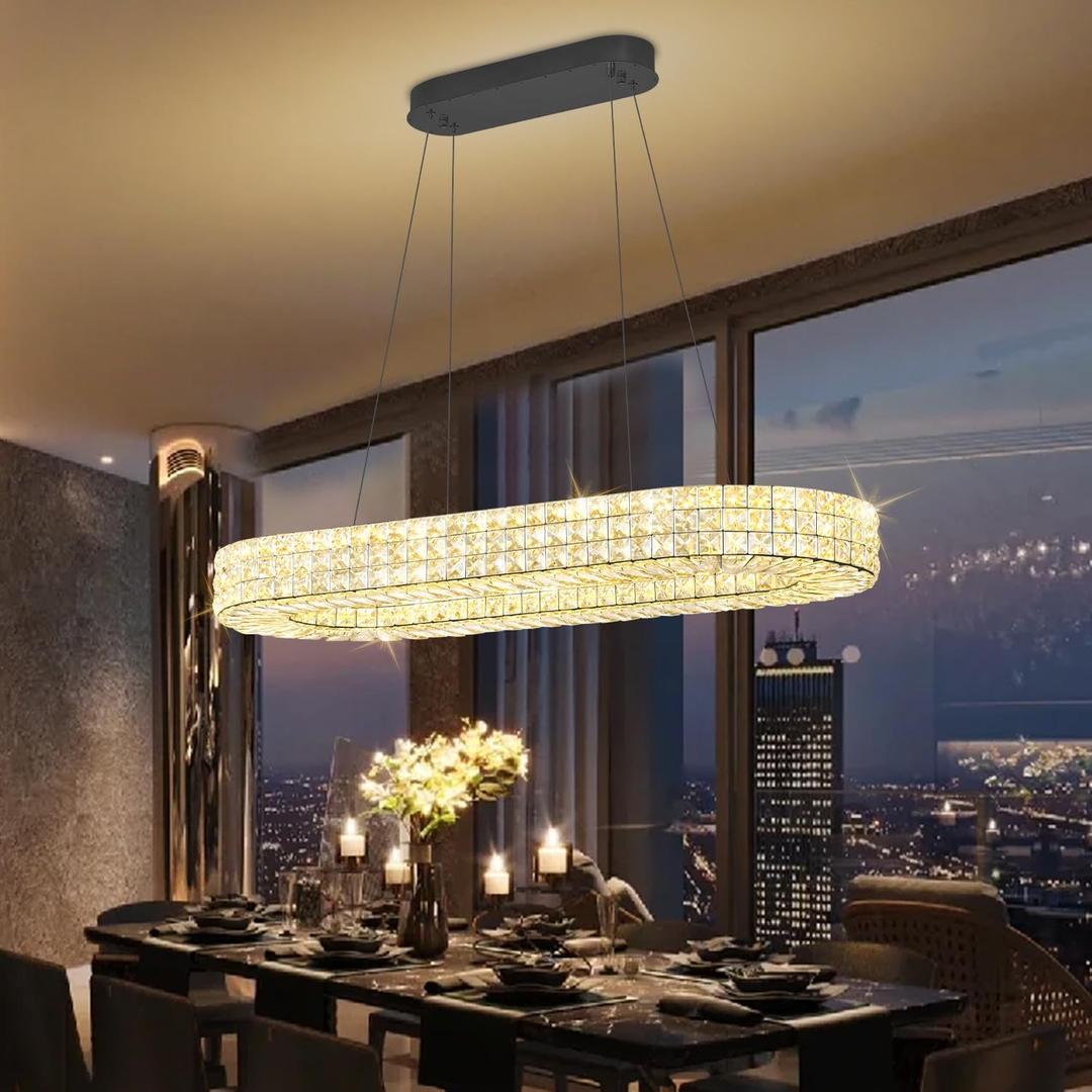ykolupty Modern Crystal Chandelier, Dia 40" Rectangular Chandelier for Dining Room,Black Rectangle Crystal Ceiling Light Luxury Oval Chandeliers for Living Room Kitchen Island
