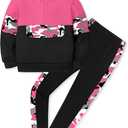 Toddler Girl Clothes Camo 2 Piece Little Girls Clothes Half Zip Up Hoodies Color Block Outfits Sweatshirt Pant Sets (4-5T, Pink)