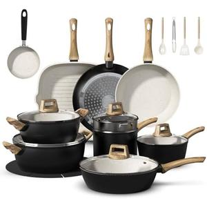 Bazova 25-PC Pots and Pans Set Non Stick Ceramic Cookware Set, Healthy Non Toxic Kitchen Cookware Sets with Large Capacity, Induction Compatible, PFAS/PTFE/PFOA/PFOS Free, Black/White