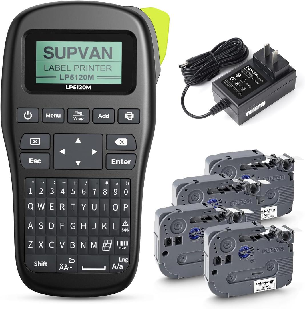 SUPVAN LP5120M Label Maker Machine Bundle (4 Tapes Included) with Keyboard & AC Adapter, Waterproof Thermal Transfer Label Printer with Ik+ Icons for Garage, Home, Office Organization