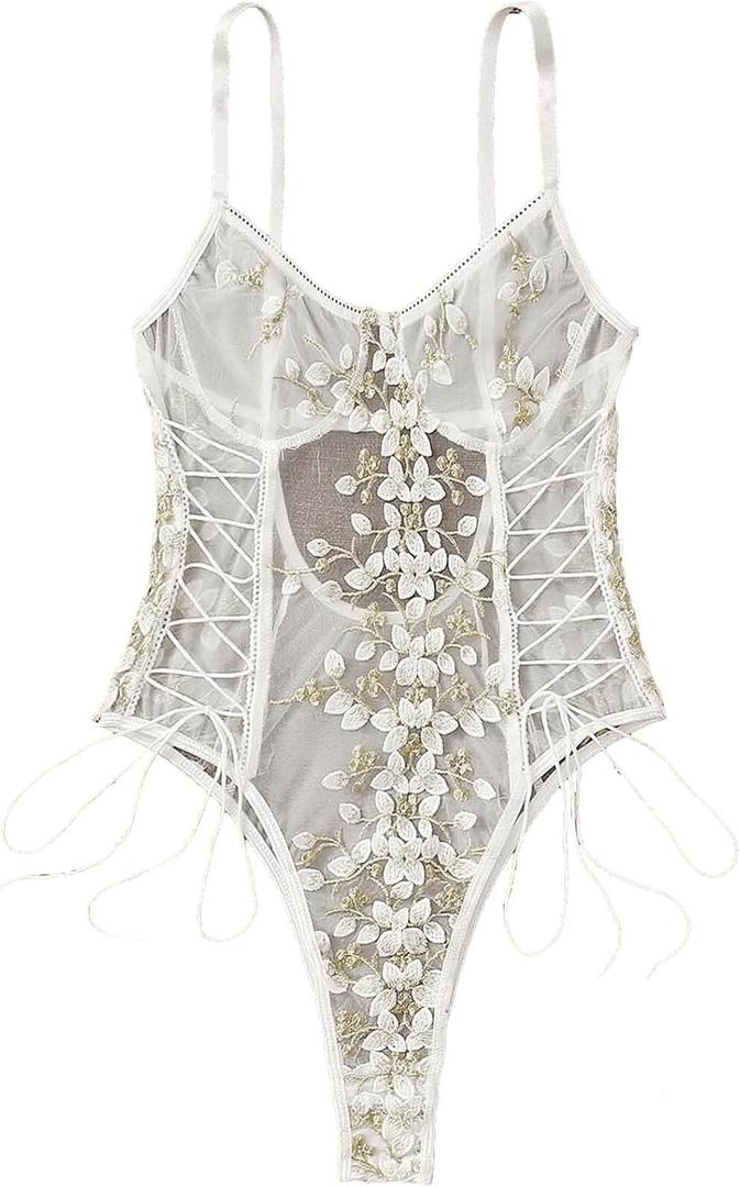 Lilosy Women Sexy Lace Up Floral Embroidered Teddy Lingerie Bodysuit Top Mesh Sheer One Piece (Small, White)