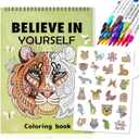 3 x Adult Coloring Book Set,24 Colors Markers with Spiral Bound Adult Coloring Book for Women to Relaxation,Mindfulness and Anxiety Relief(Animal)