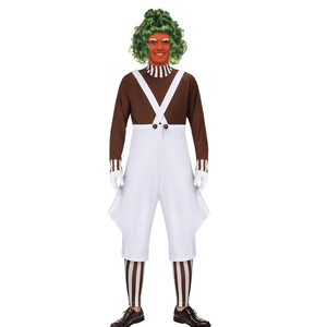Mens Candy Chocolate Factory Worker Costume Shirt Jumpsuit Outfit with Gloves Leggings Adult Halloween Cosplay Props, L