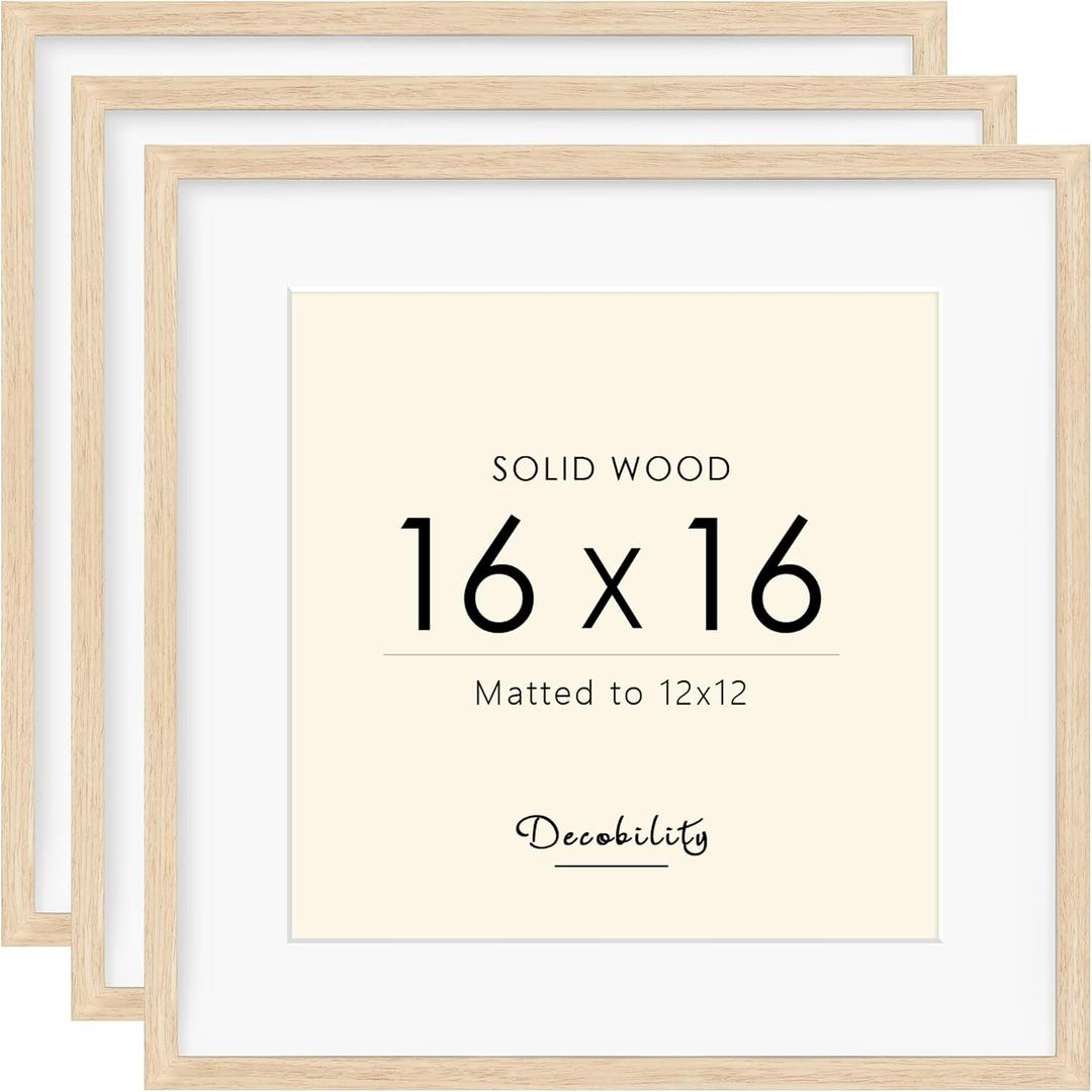 16x16 Picture Frame Made with Solid Wood Set of 3, Display 12x12 with Mat or 16x16 without Mat, Wall Gallery Frame Set for Tabletop or Wall Mounting Display, (3 Pack of Oak)