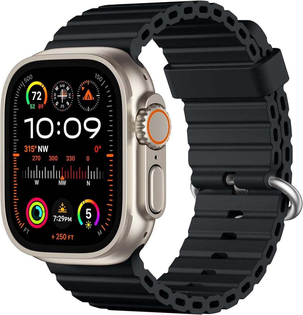 DaQin Ocean Band for Apple Watch Ultra 3/2/1 49mm, Series 11 10 46mm, Series 9/8/7 45mm, SE3/SE2/SE/Series 6/5/4 44mm, Series 3 42mm, Sport Silicone Breathable Waterproof Strap for iWatch Bands Men (Black)