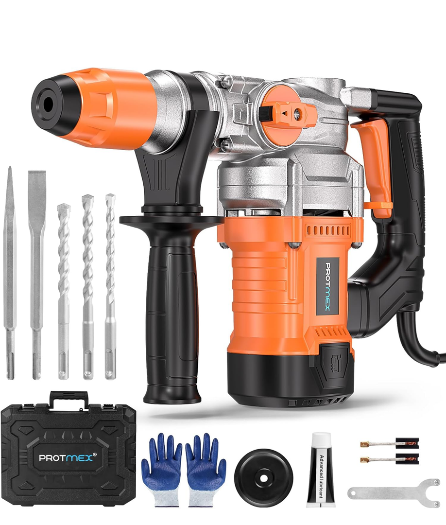 1-1/4 Inch SDS-Plus 13 Amp Heavy Duty Rotary Hammer Drill with Safety Clutch 3 Functions, Vibration Control, for Floor Tile Removal, Concrete Breaker, Including Grease, Chisels & Drill Bits