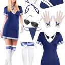 Mepase 8 Pcs Women Flight Attendant Costume Outfits Accessories Halloween Retro Airline Stewardess Outfit for Women Ladies Cosplay Halloween Party