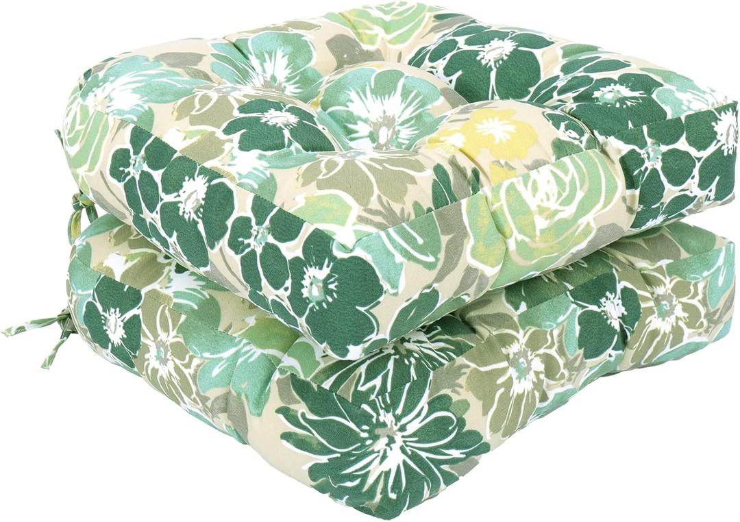 Outdoor Chair Cushions, Outdoor Cushions 19x19 inch, Patio Chair Cushions Seat Pads, Indoor Full-Length Ties for Non-Slip Support, Plump Filling, Premium Thick Fiber, Set of 2, Green Flowers
