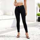 High Stretch Skinny Jeans in Pure Black, High-Waist with Button Details for All Seasons, Small