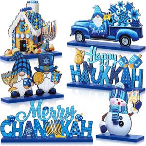 6 Pcs Hanukkah Table Centerpieces Wooden Happy Hanukkah Table Signs Wood Chanukah Party Decor Star of David Festival of Lights Candles Centerpiece Table Toppers for Hanukkah Party Supplies